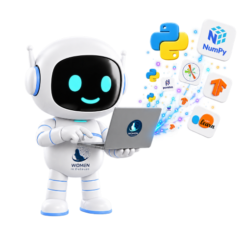 Robi, mascota de Women in DataLab, estudiando con una computadora